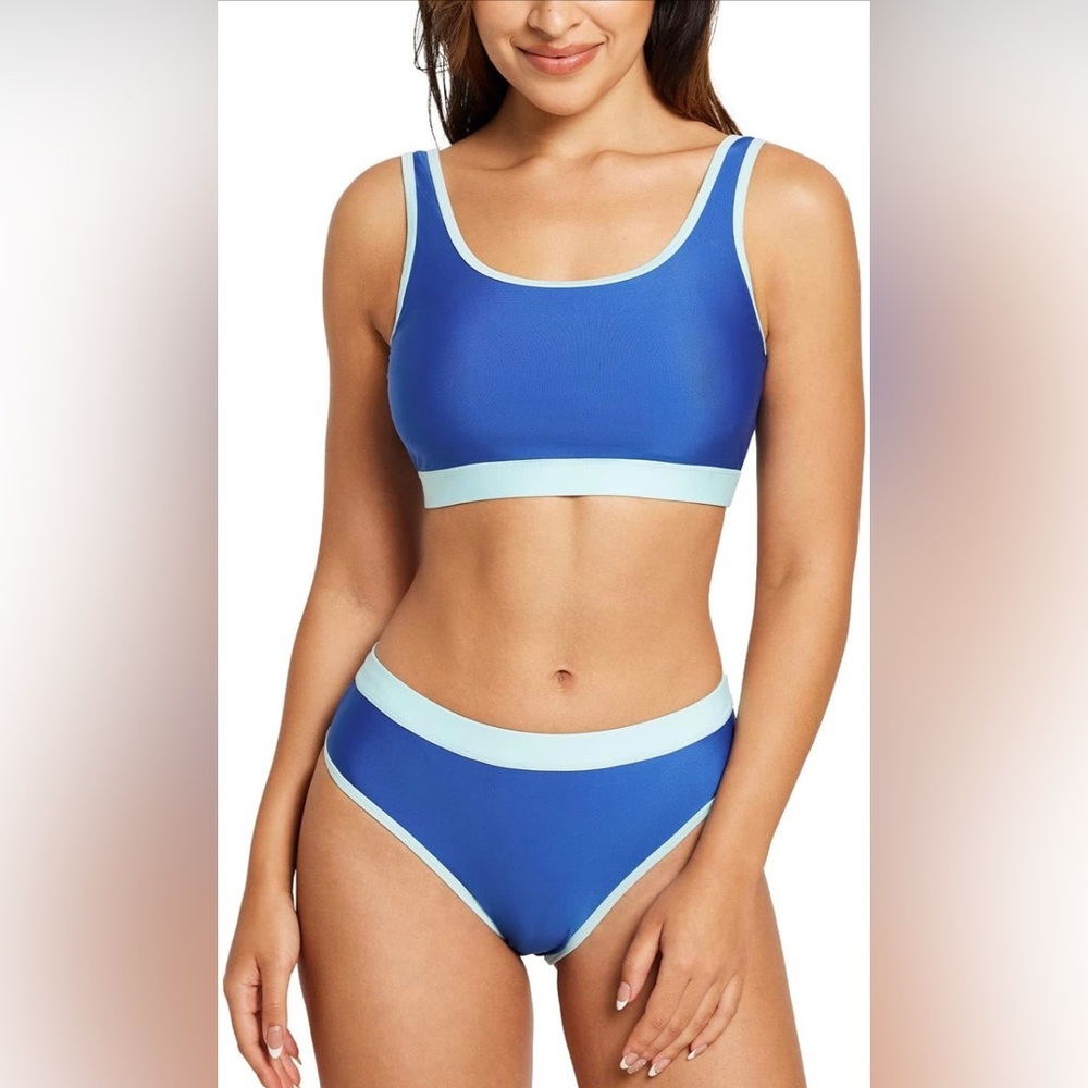 Women's Two Piece Square Neck Bikini Crop Top with Sporty High Waisted Bottoms